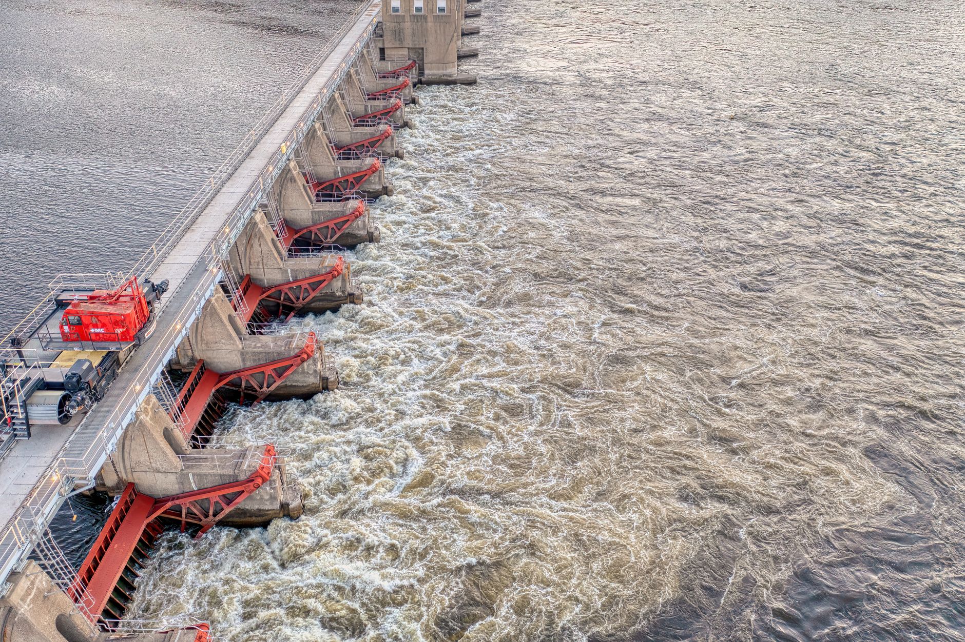Aerial view of energy-generating lock and dam in Alma, WI on the Mississippi River.