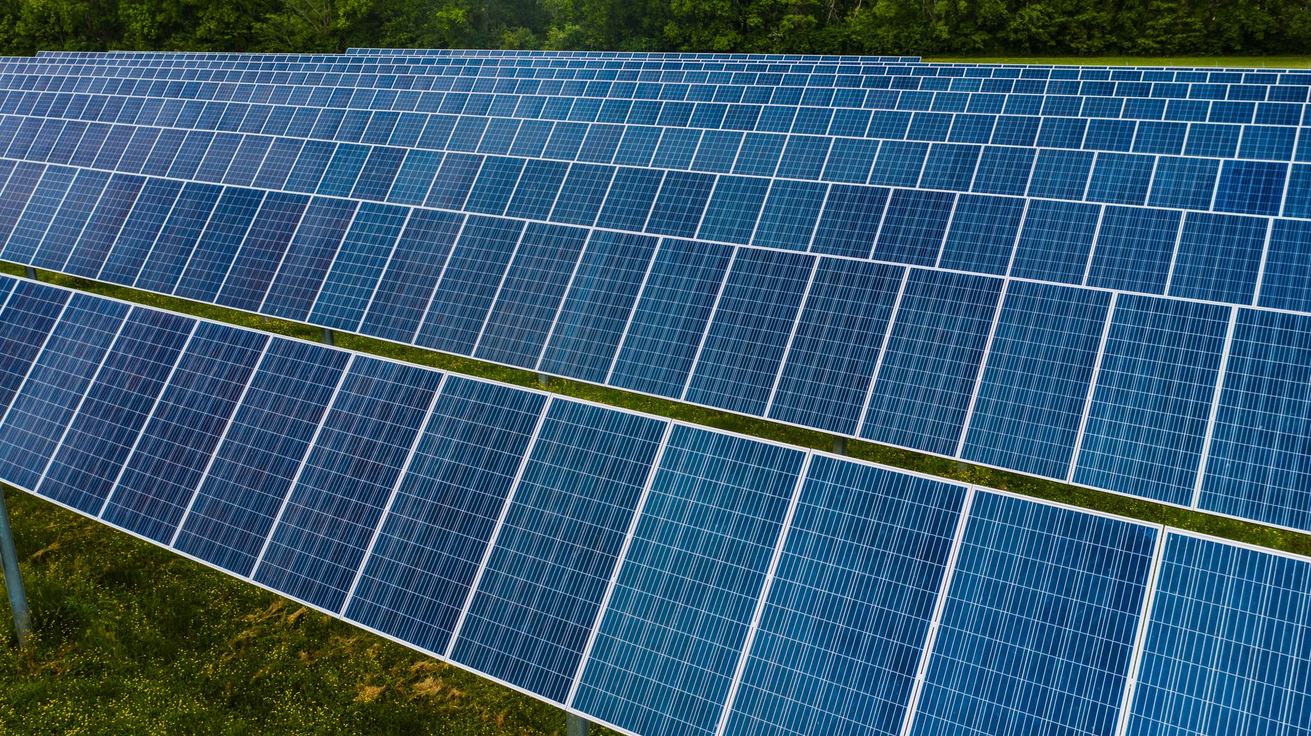 High angle pole mounted solar energy trackers installed on green field in solar power station
