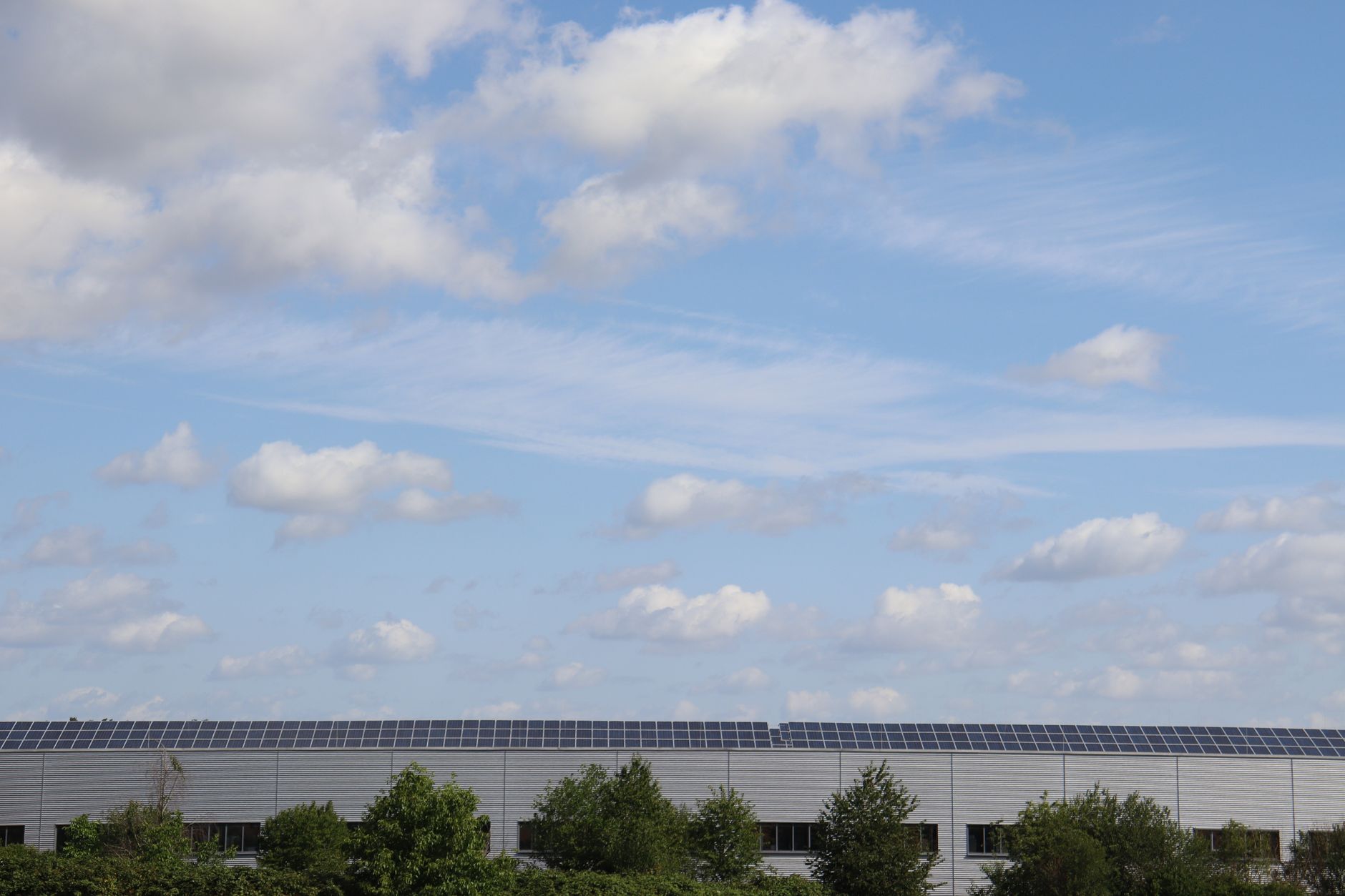 Warehouse roof adorned with solar panels beneath a bright blue sky.